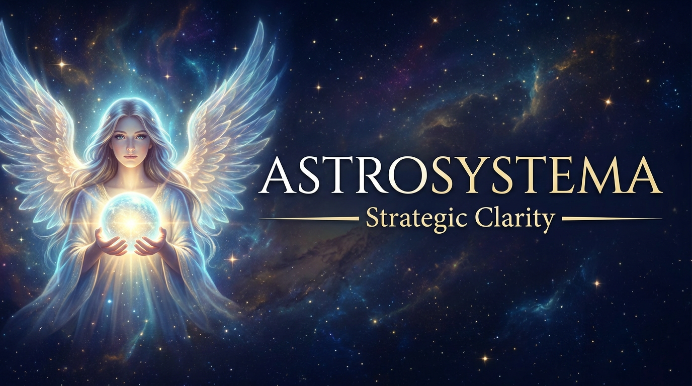 Astrosystema horizontal logo — an angel of light holding a glowing sphere on the left, with the company name and tagline "Strategic Clarity" on the right, set against a cosmic background.